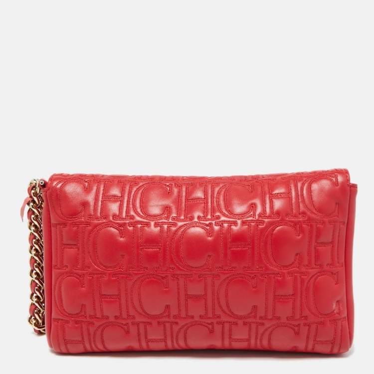 Pre Owned CH Carolina Herrera Red Quilted Leather Flap Wristlet Clutch