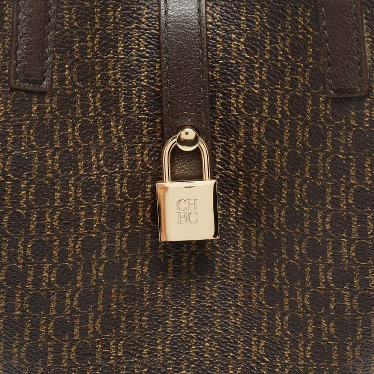 Pre Owned CH Carolina Herrera Choco Brown Signature Coated Canvas and Leather Matryoshka Padlock Tote