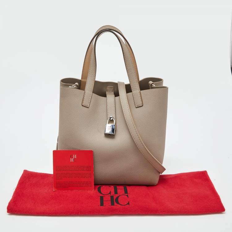 Pre Owned CH Carolina Herrera Taupe Leather Small Matryoshka Locked Tote