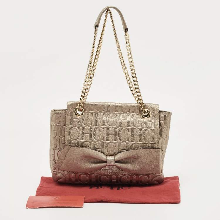 مملوكة مسبقًا CH Carolina Herrera Pale Gold Monogram Embossed Leather Audrey Shoulder Bag