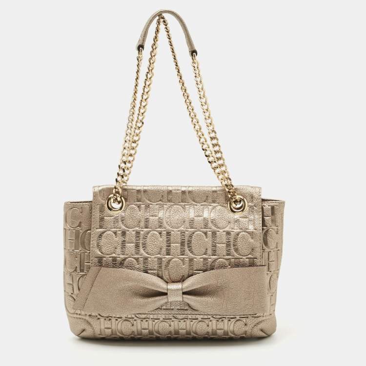 مملوكة مسبقًا CH Carolina Herrera Pale Gold Monogram Embossed Leather Audrey Shoulder Bag