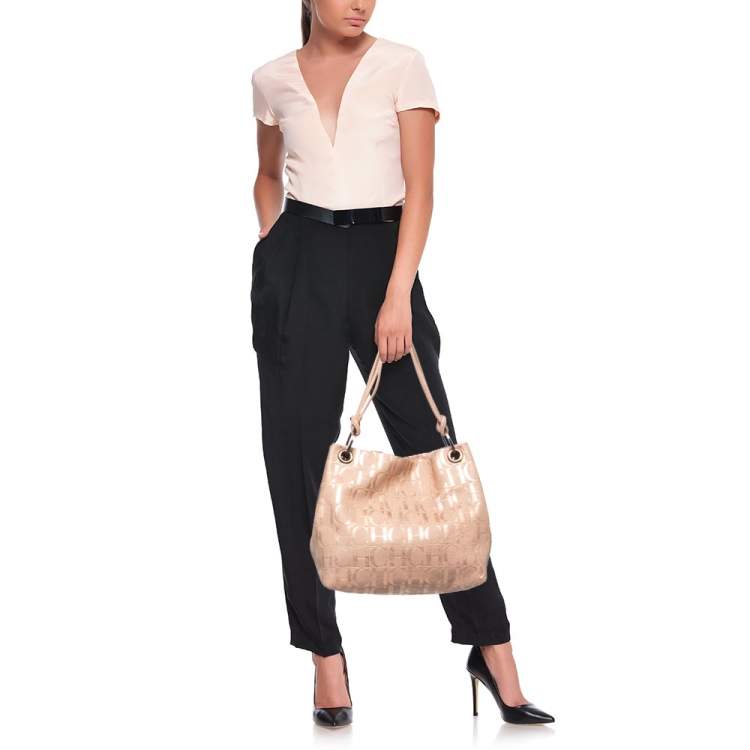 Pre Owned CH Carolina Herrera Rose Gold Monogram Embossed Leather Shoulder Bag