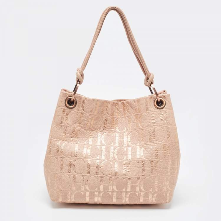 Pre Owned CH Carolina Herrera Rose Gold Monogram Embossed Leather Shoulder Bag