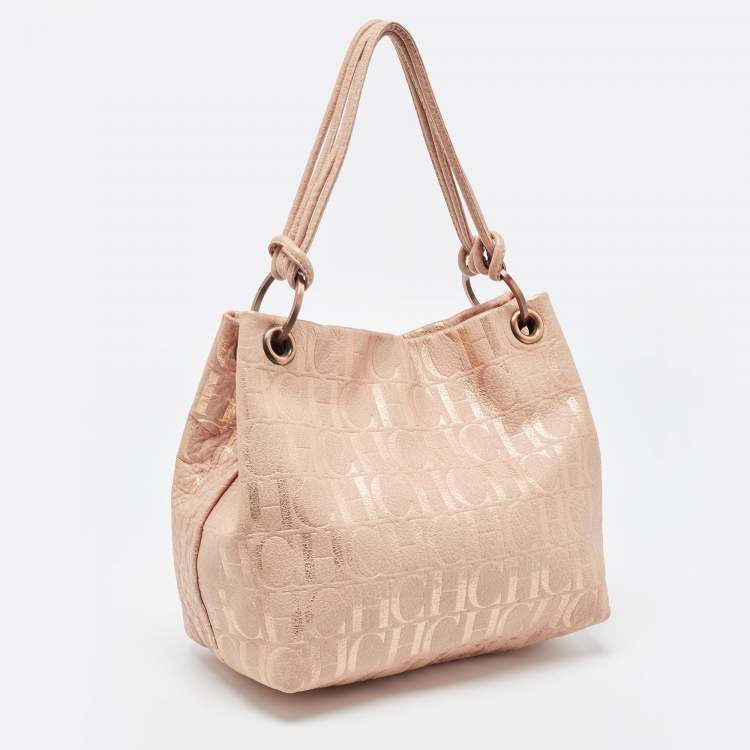 Pre Owned CH Carolina Herrera Rose Gold Monogram Embossed Leather Shoulder Bag