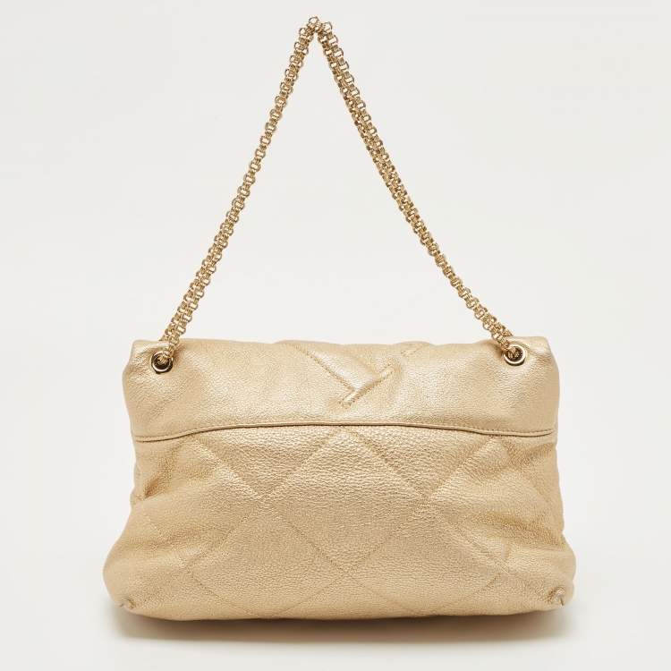 Pre Owned Carolina Herrera Gold Embossed Leather Metal Flap Shoulder Bag