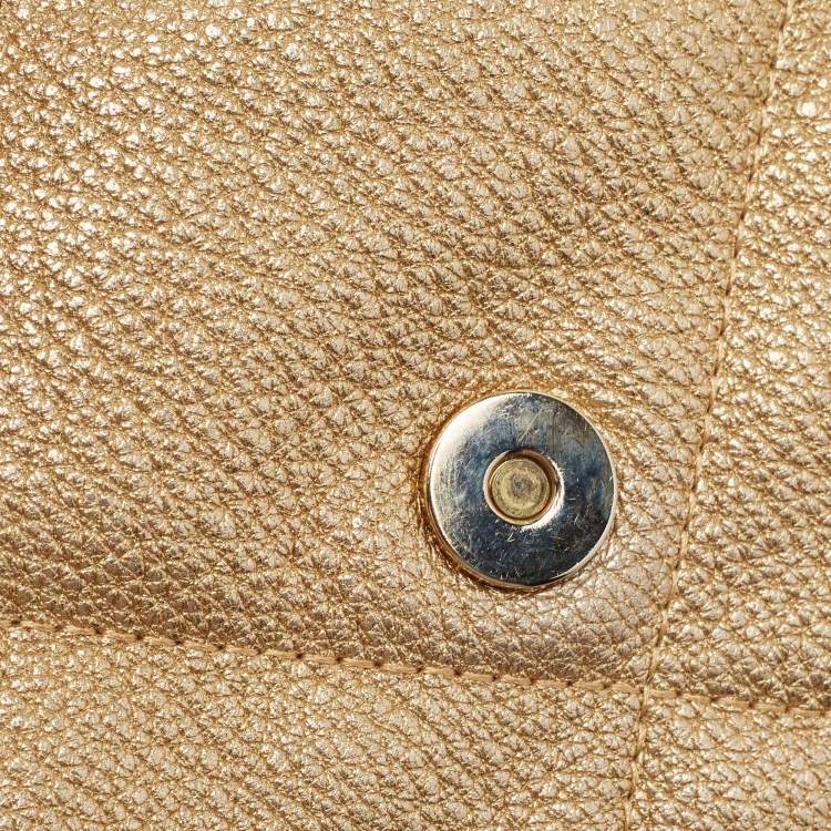 Pre Owned Carolina Herrera Gold Embossed Leather Metal Flap Shoulder Bag