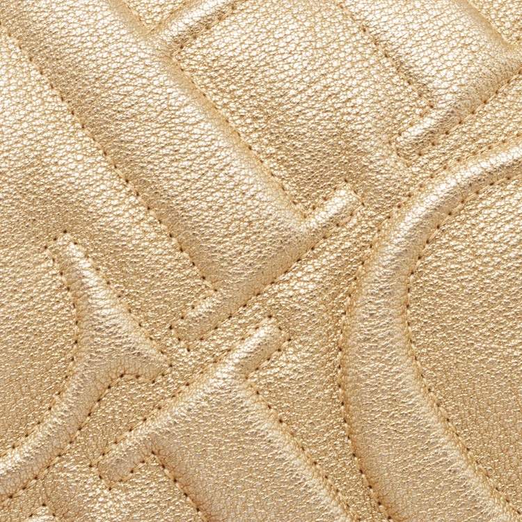 Pre Owned Carolina Herrera Gold Embossed Leather Metal Flap Shoulder Bag