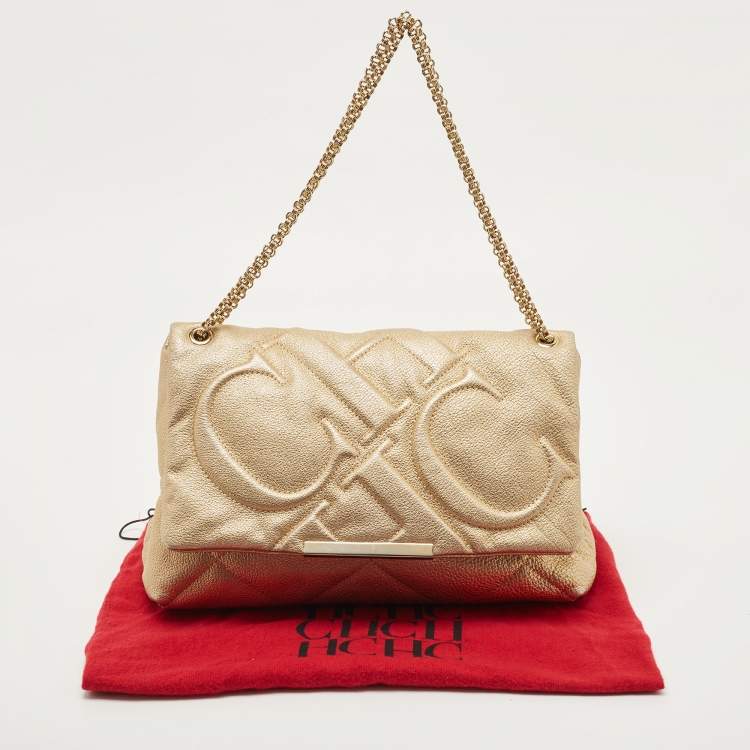 Pre Owned Carolina Herrera Gold Embossed Leather Metal Flap Shoulder Bag
