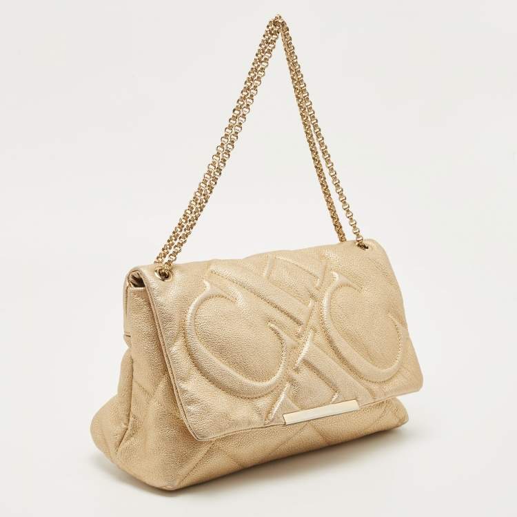 Pre Owned Carolina Herrera Gold Embossed Leather Metal Flap Shoulder Bag