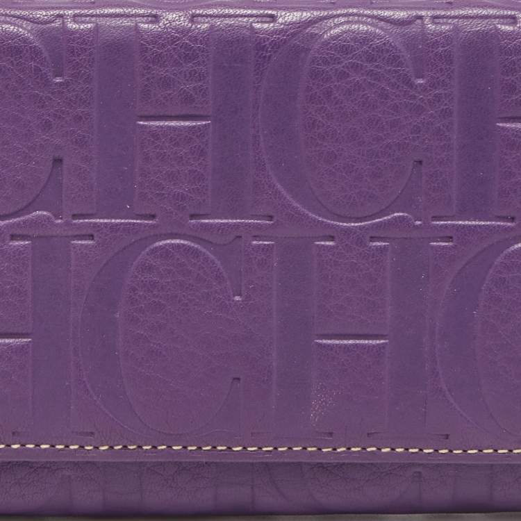 Pre Owned CH Carolina Herrera Purple Monogram Embossed Leather Flap Continental Wallet