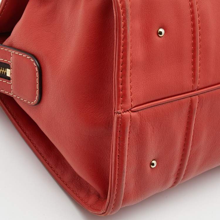 Pre Owned Carolina Herrera Red Leather Logo Charm Tote