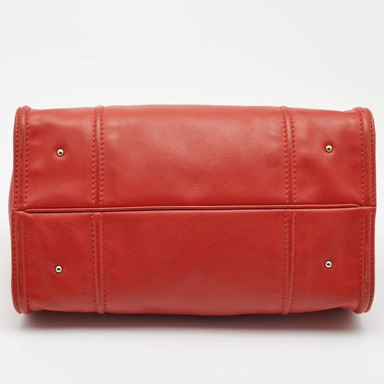 Pre Owned Carolina Herrera Red Leather Logo Charm Tote