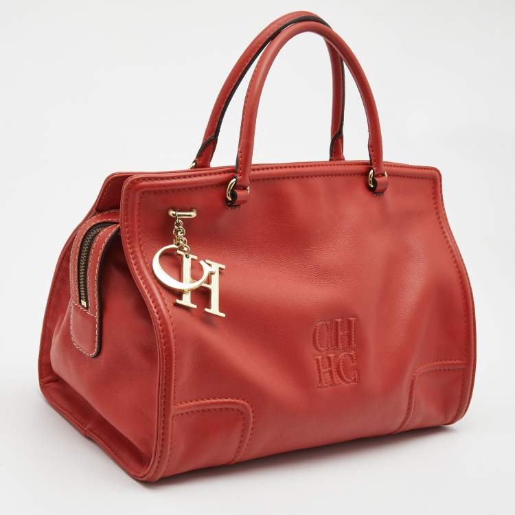 Pre Owned Carolina Herrera Red Leather Logo Charm Tote