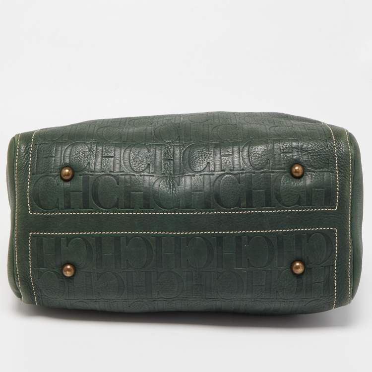 Pre Owned CH Carolina Herrera Green Monogram Embossed Leather Large Andy Boston Bag