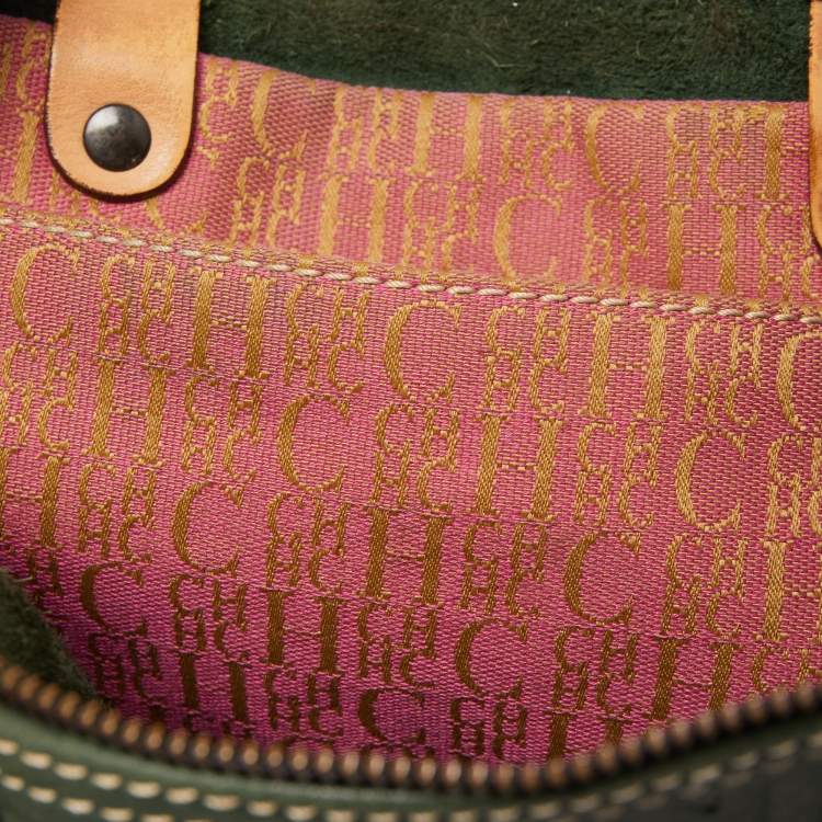 Pre Owned CH Carolina Herrera Green Monogram Embossed Leather Large Andy Boston Bag