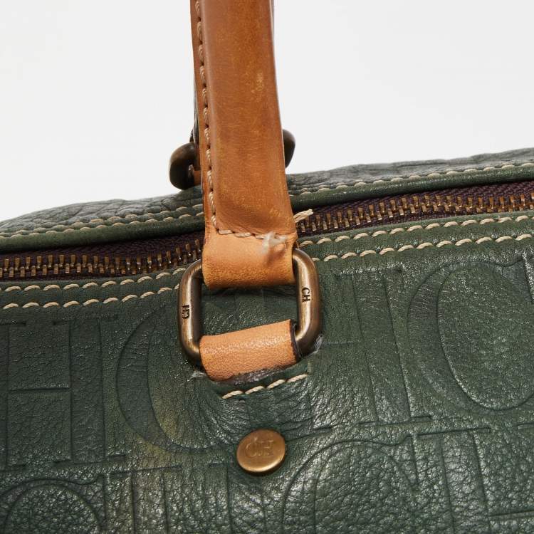 Pre Owned CH Carolina Herrera Green Monogram Embossed Leather Large Andy Boston Bag