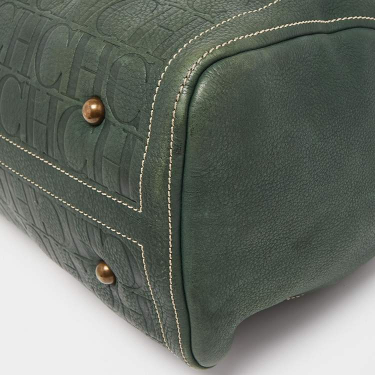 Pre Owned CH Carolina Herrera Green Monogram Embossed Leather Large Andy Boston Bag