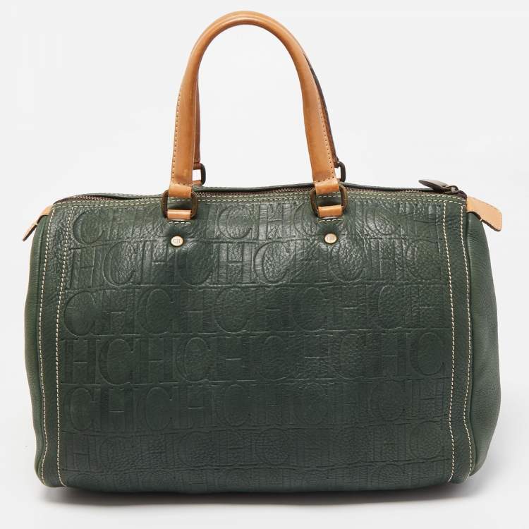 Pre Owned CH Carolina Herrera Green Monogram Embossed Leather Large Andy Boston Bag