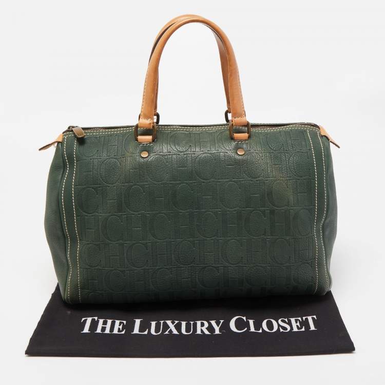 Pre Owned CH Carolina Herrera Green Monogram Embossed Leather Large Andy Boston Bag