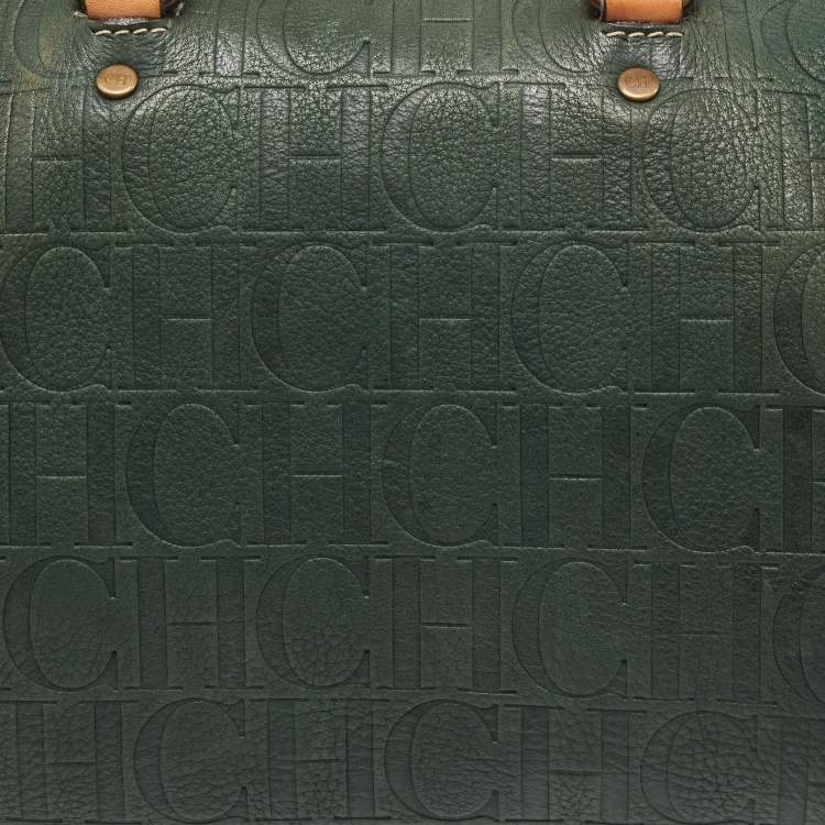 Pre Owned CH Carolina Herrera Green Monogram Embossed Leather Large Andy Boston Bag
