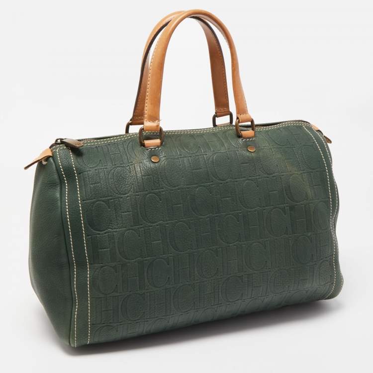 Pre Owned CH Carolina Herrera Green Monogram Embossed Leather Large Andy Boston Bag