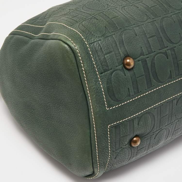 Pre Owned CH Carolina Herrera Green Monogram Embossed Leather Large Andy Boston Bag