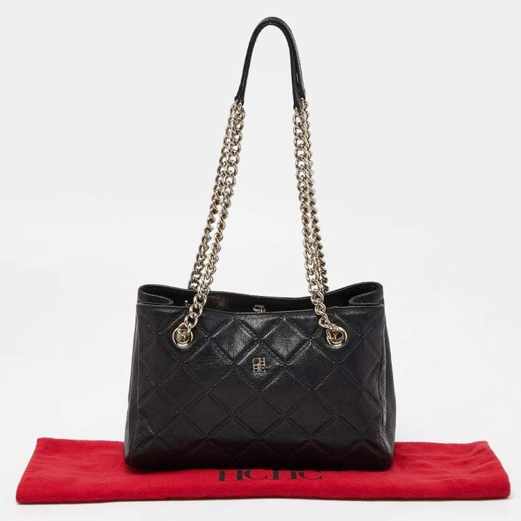 Pre Owned CH Carolina Herrera Black Quilt Patern Leather Chain Tote