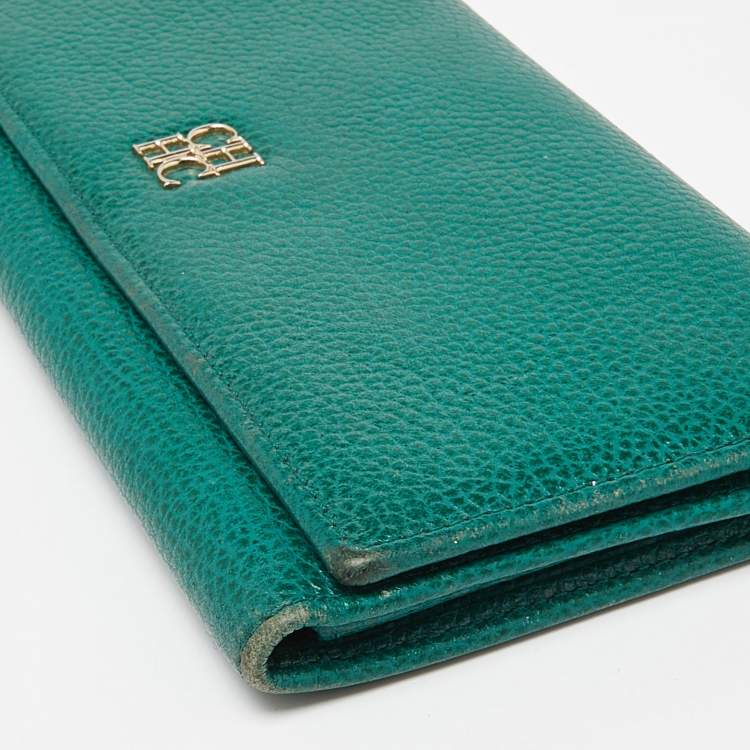 Pre Owned CH Carolina Herrera Green Leather Flap Trifold Continental Wallet