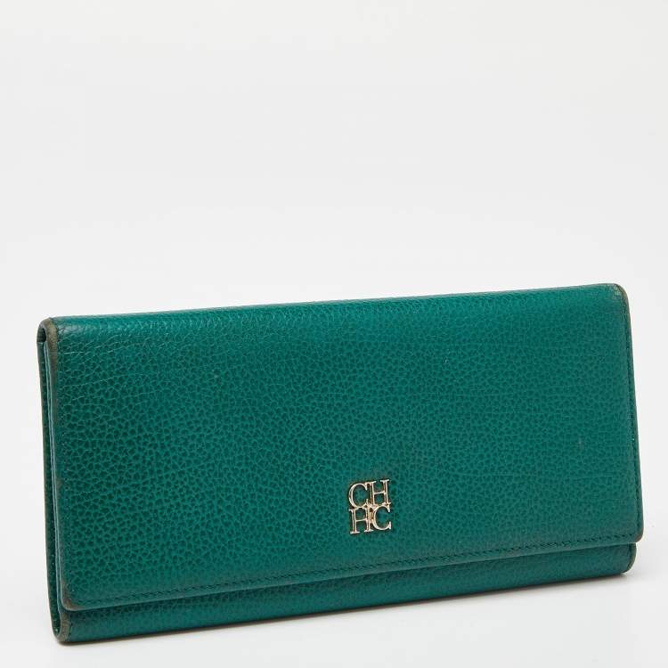 Pre Owned CH Carolina Herrera Green Leather Flap Trifold Continental Wallet