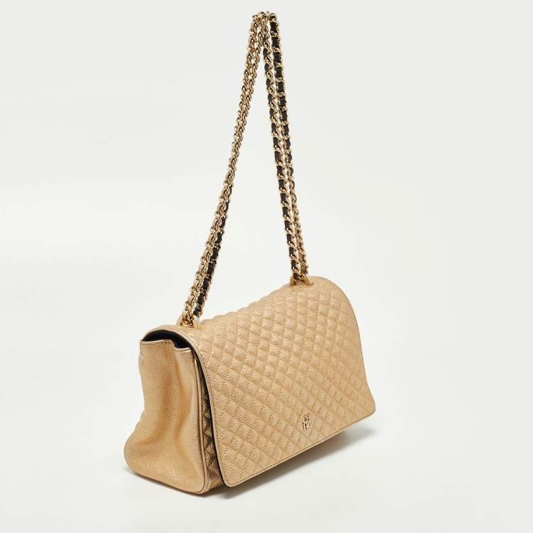 Pre Owned CH Carolina Herrera Gold Quilted Leather Flap Chain Shoulder Bag
