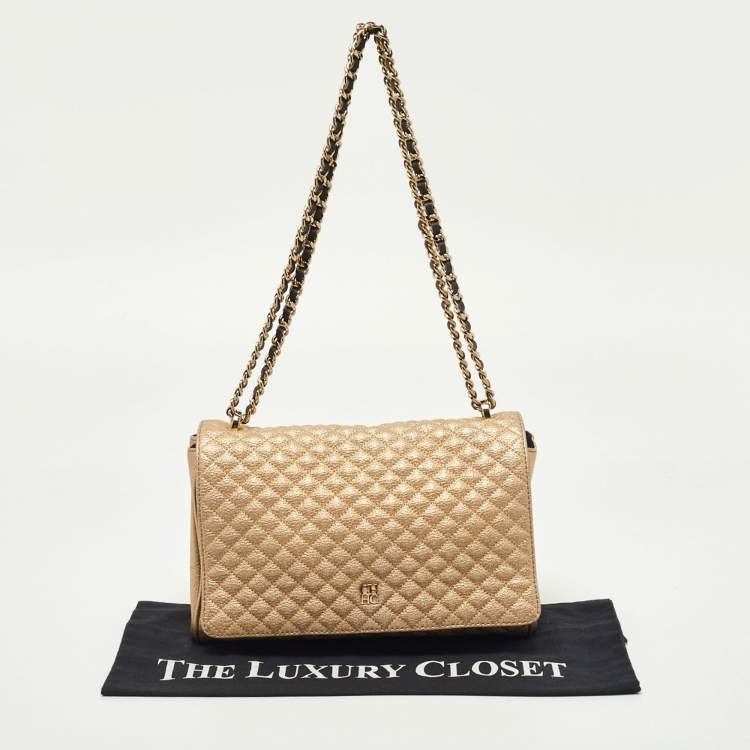 Pre Owned CH Carolina Herrera Gold Quilted Leather Flap Chain Shoulder Bag