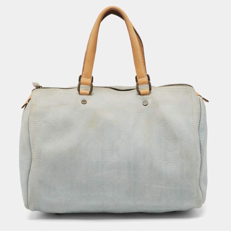 Pre Owned CH Carolina Herrera Light Blue Monogram Nubuck Large Andy Boston Bag
