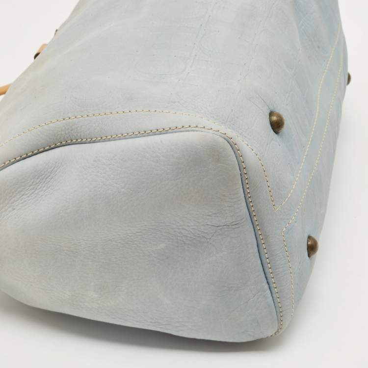 Pre Owned CH Carolina Herrera Light Blue Monogram Nubuck Large Andy Boston Bag