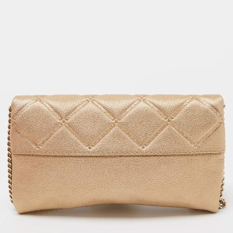 Pre Owned CH Carolina Herrera Gold Quilted Leather Flap Chain Clutch