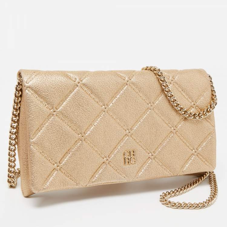 Pre Owned CH Carolina Herrera Gold Quilted Leather Flap Chain Clutch