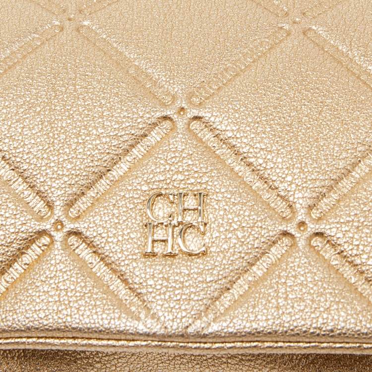Pre Owned CH Carolina Herrera Gold Quilted Leather Flap Chain Clutch