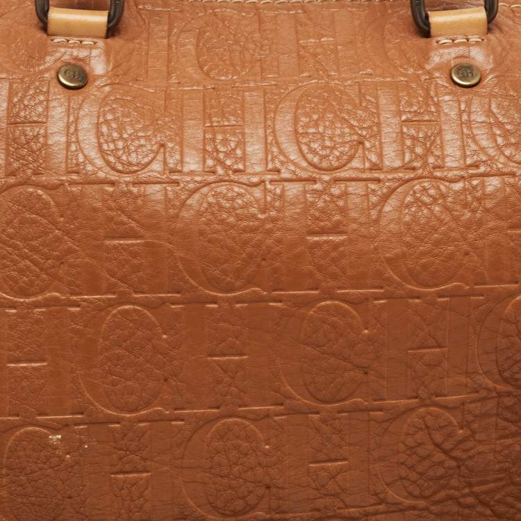 Pre Owned CH Carolina Herrera Brown Monogram Leather Large Andy Boston Bag