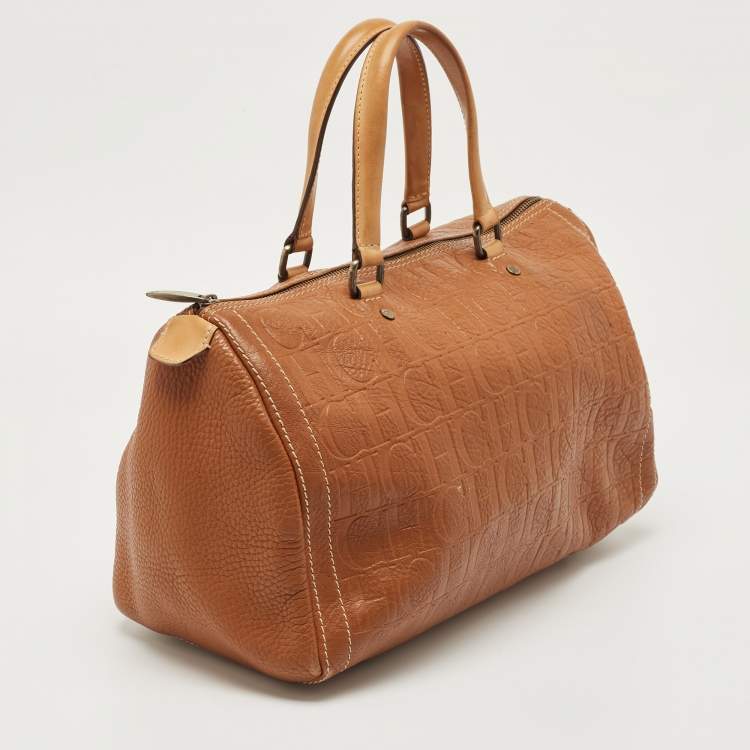 Pre Owned CH Carolina Herrera Brown Monogram Leather Large Andy Boston Bag