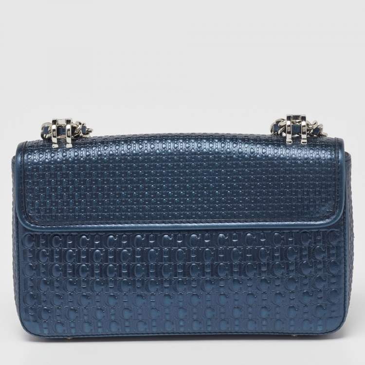 Pre Owned CH Carolina Herrera Metallic Navy Blue Monogram Embossed Leather Shoulder Bag