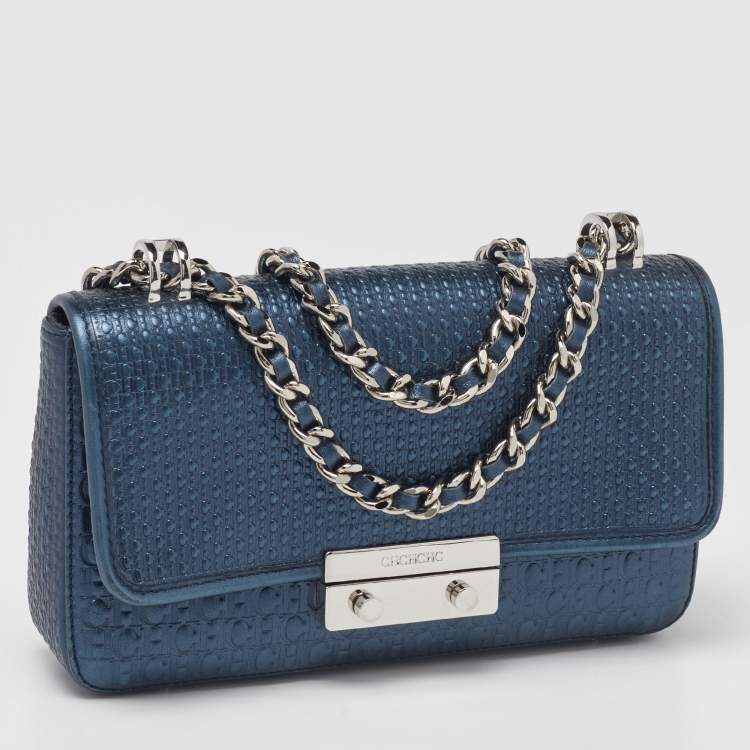 Pre Owned CH Carolina Herrera Metallic Navy Blue Monogram Embossed Leather Shoulder Bag