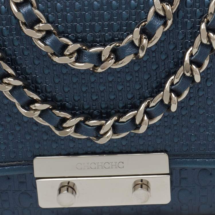 Pre Owned CH Carolina Herrera Metallic Navy Blue Monogram Embossed Leather Shoulder Bag