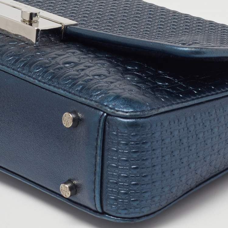 Pre Owned CH Carolina Herrera Metallic Navy Blue Monogram Embossed Leather Shoulder Bag
