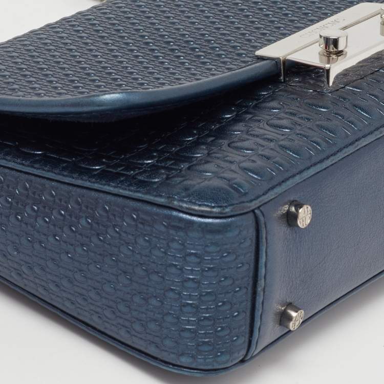 Pre Owned CH Carolina Herrera Metallic Navy Blue Monogram Embossed Leather Shoulder Bag