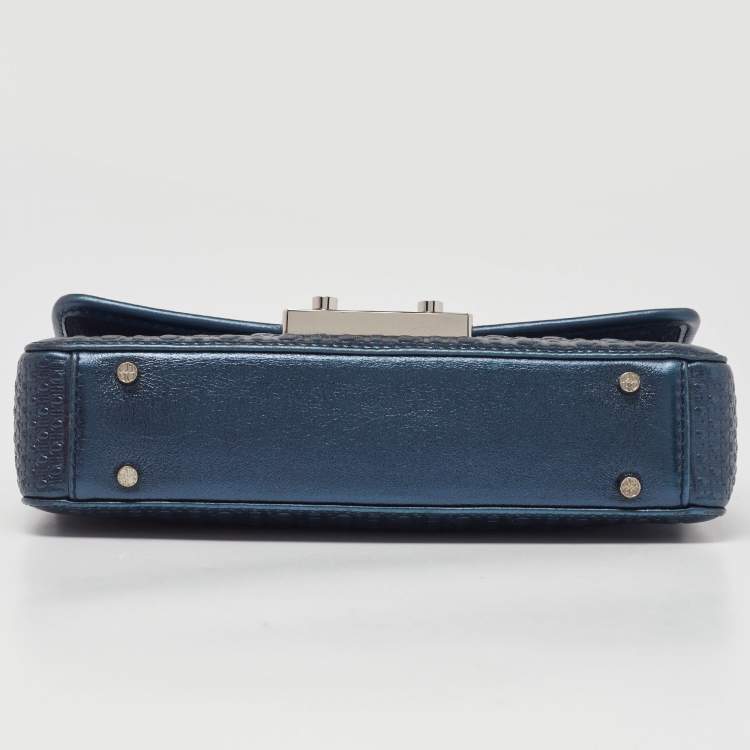 Pre Owned CH Carolina Herrera Metallic Navy Blue Monogram Embossed Leather Shoulder Bag