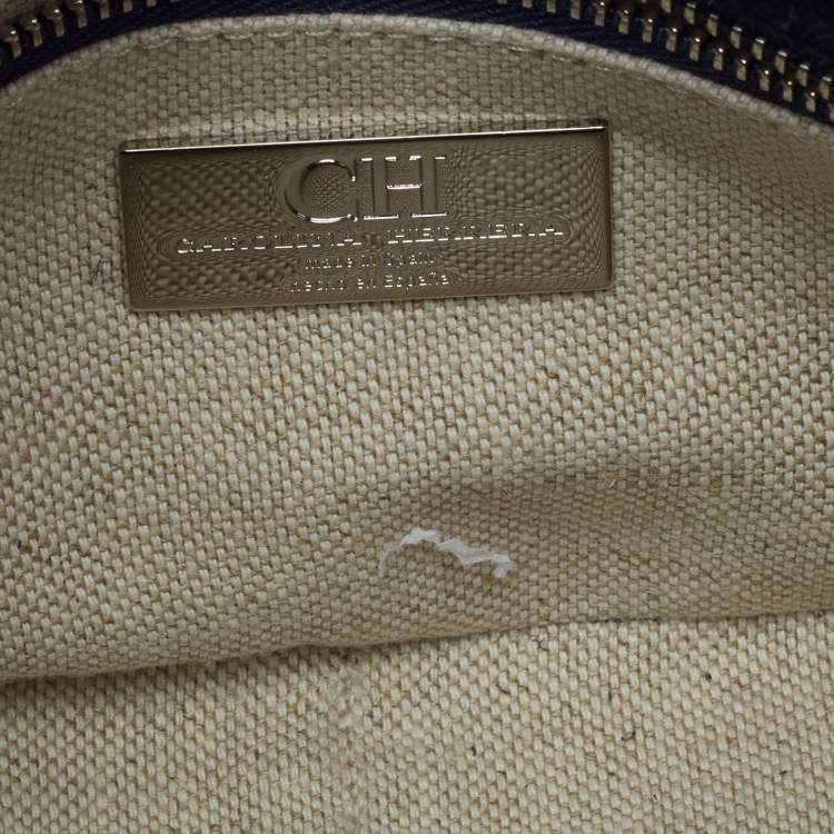 Pre Owned CH Carolina Herrera Metallic Navy Blue Monogram Embossed Leather Shoulder Bag