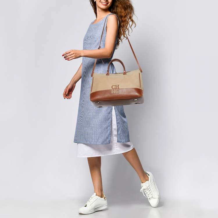 Pre Owned CH Carolina Herrera Beige/Brown Pebbled Leather Satchel