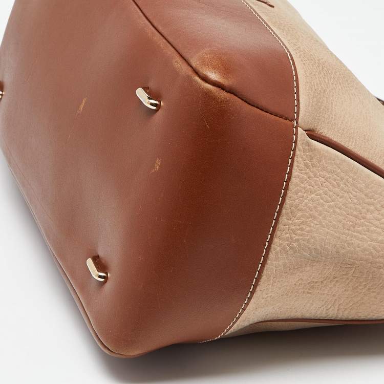 Pre Owned CH Carolina Herrera Beige/Brown Pebbled Leather Satchel