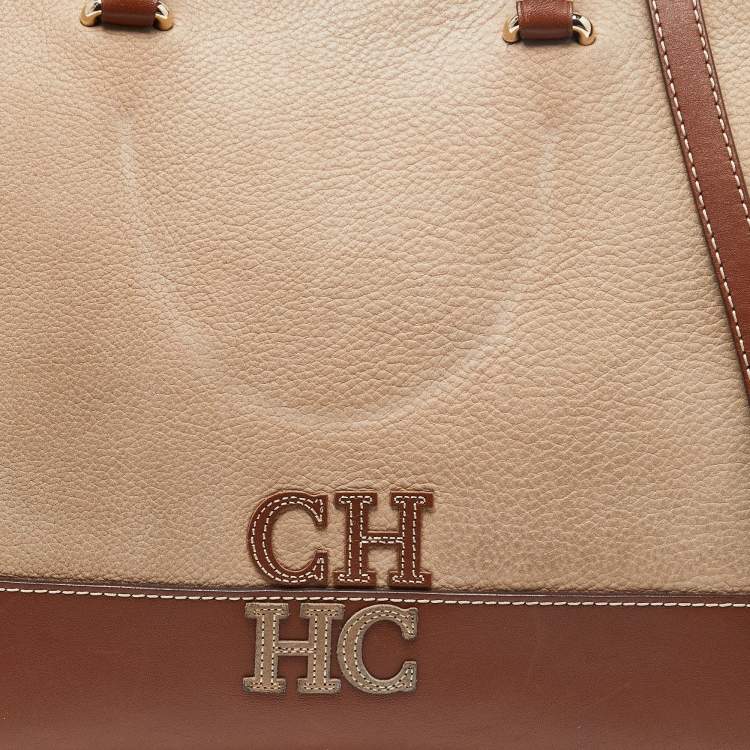 Pre Owned CH Carolina Herrera Beige/Brown Pebbled Leather Satchel