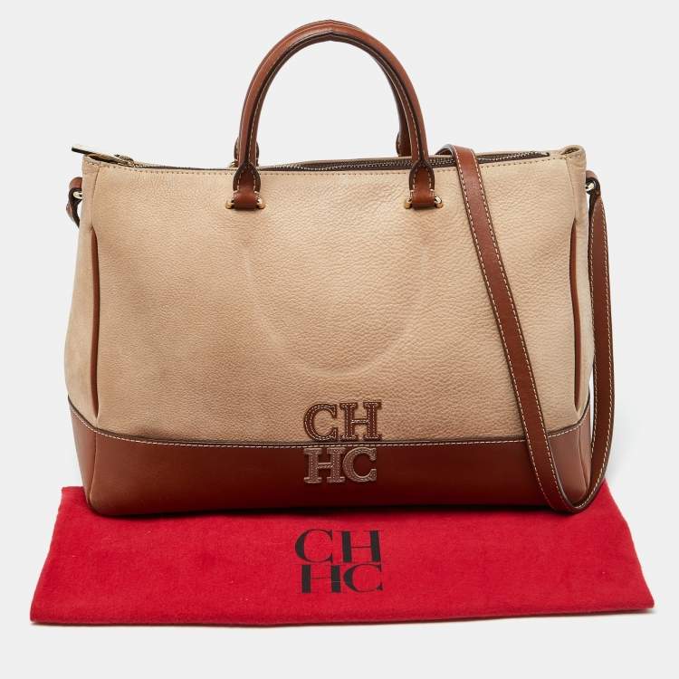 Pre Owned CH Carolina Herrera Beige/Brown Pebbled Leather Satchel
