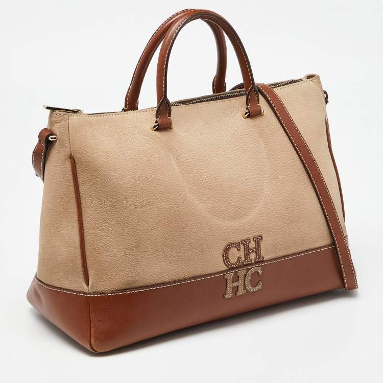 Pre Owned CH Carolina Herrera Beige/Brown Pebbled Leather Satchel